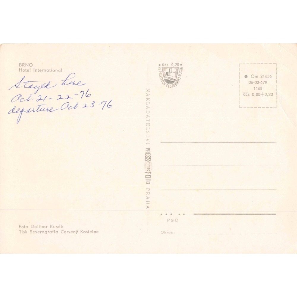 Vintage 1976 Hotel International Brno Czechoslovakia Postcard Dalibor Kusak VG - Picture 2 of 2